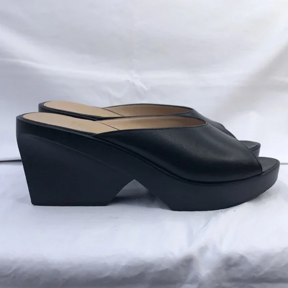 Ferragamo Wood & Leather Platform Peep Toe Slide/Mule w/3” Heel, Black - Picture 3 of 16